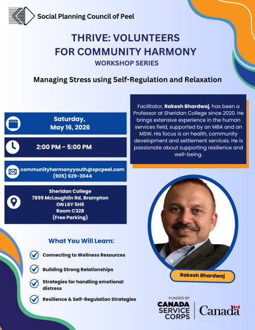 Flyer for the SPC Peel workshop on managing stress using self-regulation and relaxation, May 16, 2026